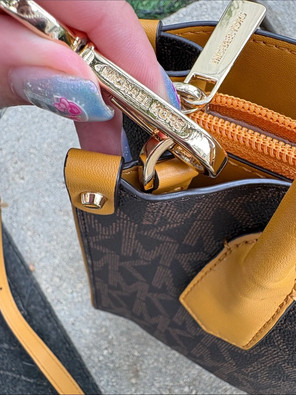 Michael Kors Brown Signature Satchel with Yellow and White Stripes